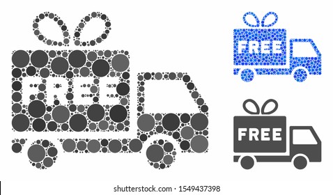 Free shipment mosaic of small circles in different sizes and color hues, based on free shipment icon. Vector small circles are organized into blue collage.