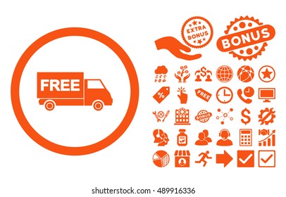 Free Shipment pictograph with bonus symbols. Vector illustration style is flat iconic symbols, orange color, white background.