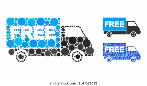 Free shipment van mosaic of round dots in various sizes and color tones, based on free shipment van icon. Vector round dots are composed into blue composition.