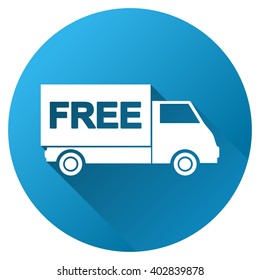 Free Shipment vector toolbar icon for software design. Style is a white symbol on a round blue circle with gradient shadow.