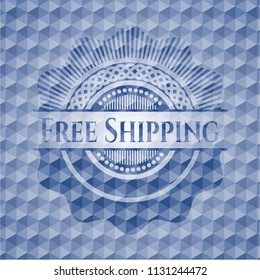 Free Shipping blue badge with geometric pattern background.