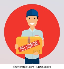 Free shipping business concept. Delivery man with a box. Flat design modern vector illustration concept.