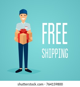 Free shipping business concept. Delivery man with a box. Flat design modern vector illustration concept.