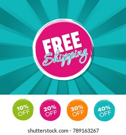 Free Shipping color banner and 10%, 20%, 30% & 40% Off Marks. Vector illustration.