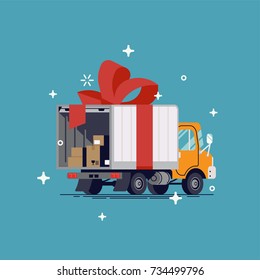 Free shipping concept design, flat vector. Cool free delivery illustration with cargo truck wrapped with red ribbon