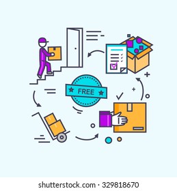 Free shipping concept icon flat design. Delivery order, service transportation, cargo logistic, package box, fast courier, deliver parcel, industry packaging illustration