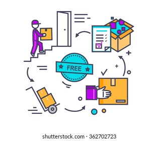 Free shipping concept icon flat design. Delivery order, service transportation, cargo logistic, package box, fast courier, deliver parcel, industry packaging. Thin, line, outline icons