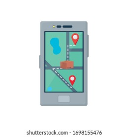 free shipping concept, smartphone with city map with location pins icon over white background, colorful design, vector illustration