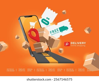 Free shipping coupon, no minimum, white, parcel box or cardboard box, red pin, road All in front of smartphone screen for advertisements, promotions delivery free shipping, vector 3d illustration