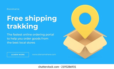 Free shipping courier service delivery GPS navigation cargo global parcel tracking map pin cardboard box 3d icon vector illustration. Logistic international goods purchase worldwide distribution