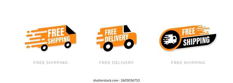 Free shipping delivery badge for mail courier or parcel shipment cargo and food delivery service symbol. Free delivery shipping icon, home express deliver service vector label with fast car truck. 