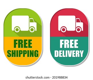 free shipping and delivery with truck symbol, two elliptic flat design labels with icons, business transportation concept, vector