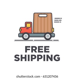 Free Shipping Delivery Truck with Takeout Bag Concept in Line Icon Flat Style Design
