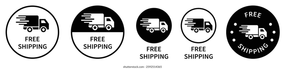 Free shipping delivery truck van and car icon set. Free delivery, fast delivery and parcel shipment logotype. Isolated vector illustration. Flat design.