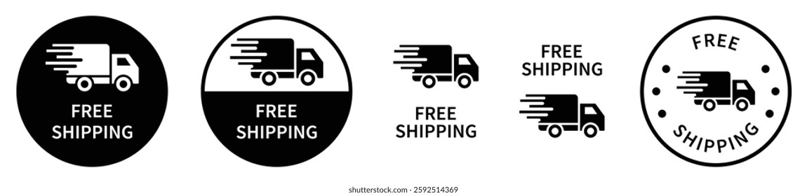Free shipping delivery truck van and car icon set in flat style. Free delivery, fast delivery and parcel shipment logotype. Isolated vector illustration.