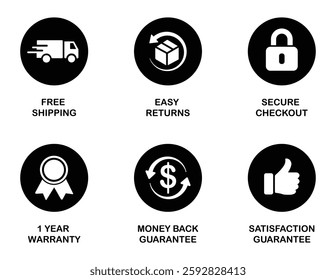Free shipping easy returns secure checkout warranty moneyback satisfaction icons showing service benefits used for online store labels and product guarantees.