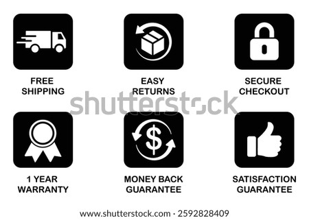 Free shipping easy returns secure checkout warranty moneyback satisfaction icons showing service benefits used for online store labels and product guarantees.