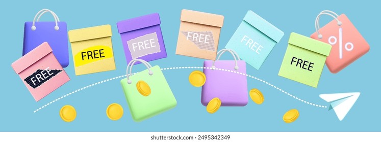 Free shipping, ecommerce, coins, bag, box. Flying bag with percent, bonus. Delivery of promotional offer, low interest rates, discounts, gift, shopping. Online free shipping, sale. Vector 3d.