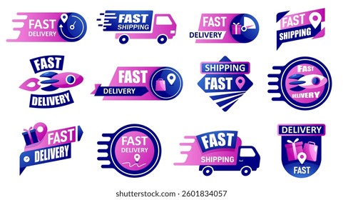 Free shipping emblem. Delivery service badge with truck, rocket, cargo and zero price tag, fast and free shipment promotion stickers. Vector delivery icon set.