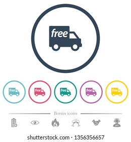 Free shipping flat color icons in round outlines. 6 bonus icons included.