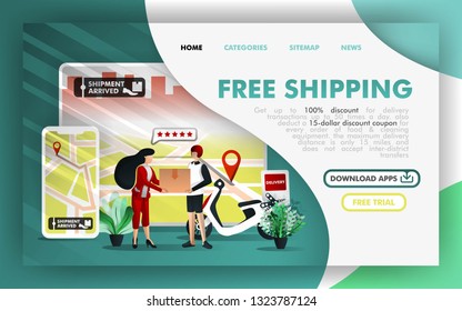 Free shipping Flat Vector Illustration Concept, courier service and online delivery order apps.  Easy to use for website, banner, landing page, brochure, flyer, print, mobile app, poster, template, UI