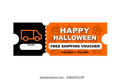 Free Shipping Halloween Gift Voucher template. Halloween Gift promotion background banner with pumpkin faces pattern. Printable vector Illustration