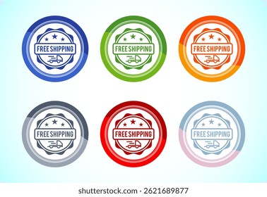 Free shipping icon design illustration, Free delivery label sign symbol, 6 color button design set
