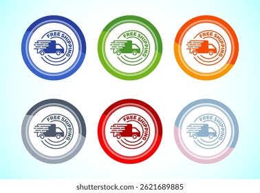 Free shipping icon design illustration, Free delivery label sign symbol, 6 color button design set