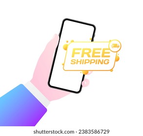 Free shipping icon. Flat, color, phone in hand, phone screen, free shipping sign. Vector icon
