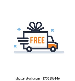 free shipping icon logo delivery cargo truck with prize ribbon vector in trendy line illustrat