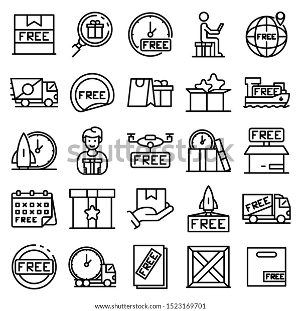 Free shipping\
icons set. Outline set of free shipping vector icons for web design\
isolated on white\
background