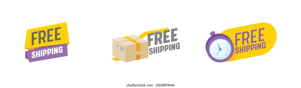 Free Shipping Isolated Icons or Emblems with Stopwatch and Parcel Box On White Background. Delivery Service Business, Fast Cargo Transportation to Customer, Freight Logistics. Vector Illustration
