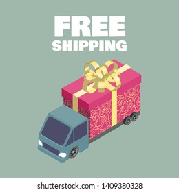 Free shipping. Isometric truck with gift box. Vector illustration.