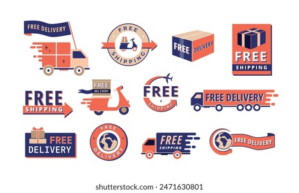Free shipping label. Delivery service badge with truck, scooter and airplane icons. Global fast delivery vector illustration set