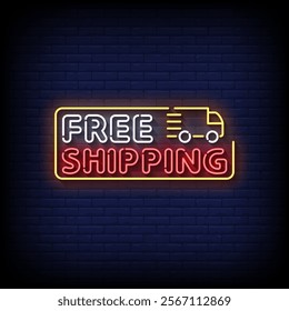 free shipping neon sign style with brick wall background vector