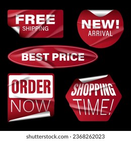 free shipping, new arrival, best prices, order now, shopping time stickers. Red sales sticker