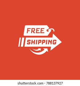 Free shipping on red background. Delivery label for online shopping. Worldwide shipping. Vector illustration