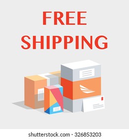 Free shipping picture with boxes and mail on it.