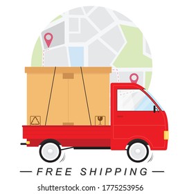 free shipping picture feature a red truck with package or parcel at the back with a background of map in circle