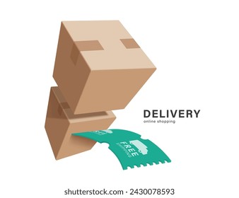 Free shipping promotional sign coming out of a parcel or cardboard box. For making advertising media, promotions, delivery and online shopping, vector 3d isolated for advertising concept design