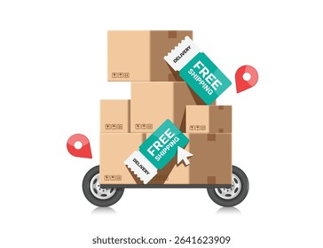 Free shipping promotional signs or tag label are placed on top of stacked parcels or cardboard boxes, placed on a wheeled cart similar to a truck, vector 3d isolated for delivery, e commerce concept