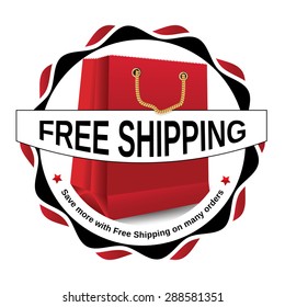 Free shipping red sticker / label vector illustration for print. Contains a big gift / present bag. Pantone coated colors used.