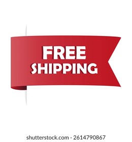Free shipping ribbon. Delivery offer banner. Vector red label. Promotion tag shape.