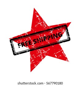 Free Shipping Rubber Stamp with red star icon. Grungy look. Isolated on white Background.