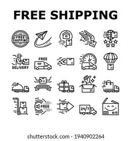 Free Shipping Service Collection Icons Set Vector. Delivery Boy And Truck, Aircraft Worldwide Free Shipping And Warehouse Storage Black Contour Illustrations