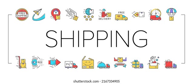 Free Shipping Service Collection Icons Set Vector. Delivery Boy And Truck, Aircraft Worldwide Free Shipping And Warehouse Storage Concept Linear Pictograms. Contour Color Illustrations