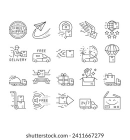 Free Shipping Service Collection Icons Set Vector. Delivery Boy And Truck, Aircraft Worldwide Free Shipping And Warehouse Storage Black Contour Illustrations