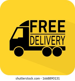 Free shipping sign. Delivery transport vehicle. Fast running lorry with cargo. Flat 3D shadow design. yellow background black vector. product brand service label banner board display. App icon.