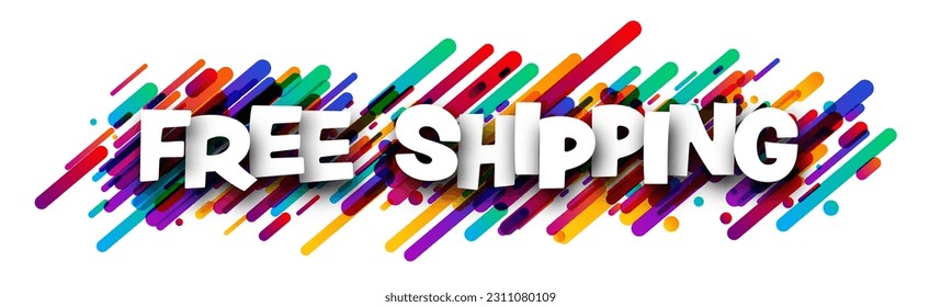 Free shipping sign over colorful brush strokes backgaround. Design element. Vector illustration.