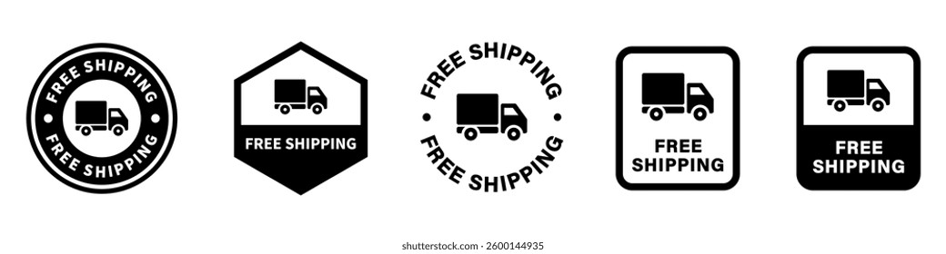 Free Shipping signs with a van. Vector signs isolated on white.